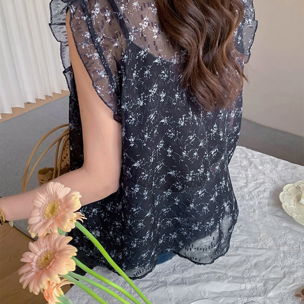 [Layered/Flowy Fit] Laurent See-through Look Freel Ruffle Floral V-Neck Sleeveless Shirts Blouse [Size:F (55~66.5)]