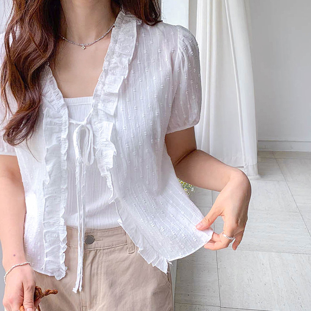 [New Arrival Special 6,000 Won Discount] <FONT color=#5a3954>MADE LIN</font> Angeli lovely Freel Polka Dot Race Cardigan Blouse [size:F(55~66)]