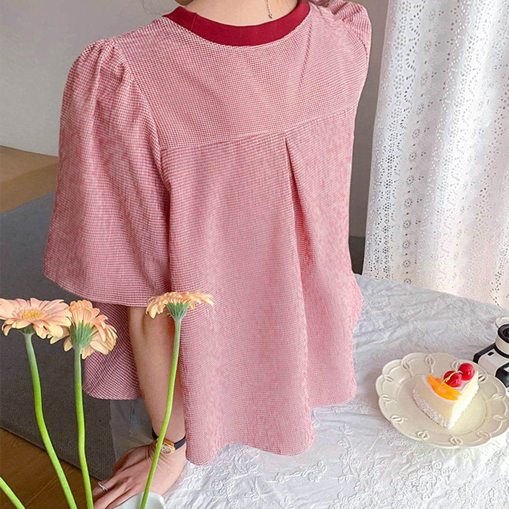 [Cool & Fleece/Wrinkle-Free] Loewe Body-Covering Fine Check Color Combination Flare Stretchy Spandex Short-sleeve T-shirt [size:F(55~66.5)]