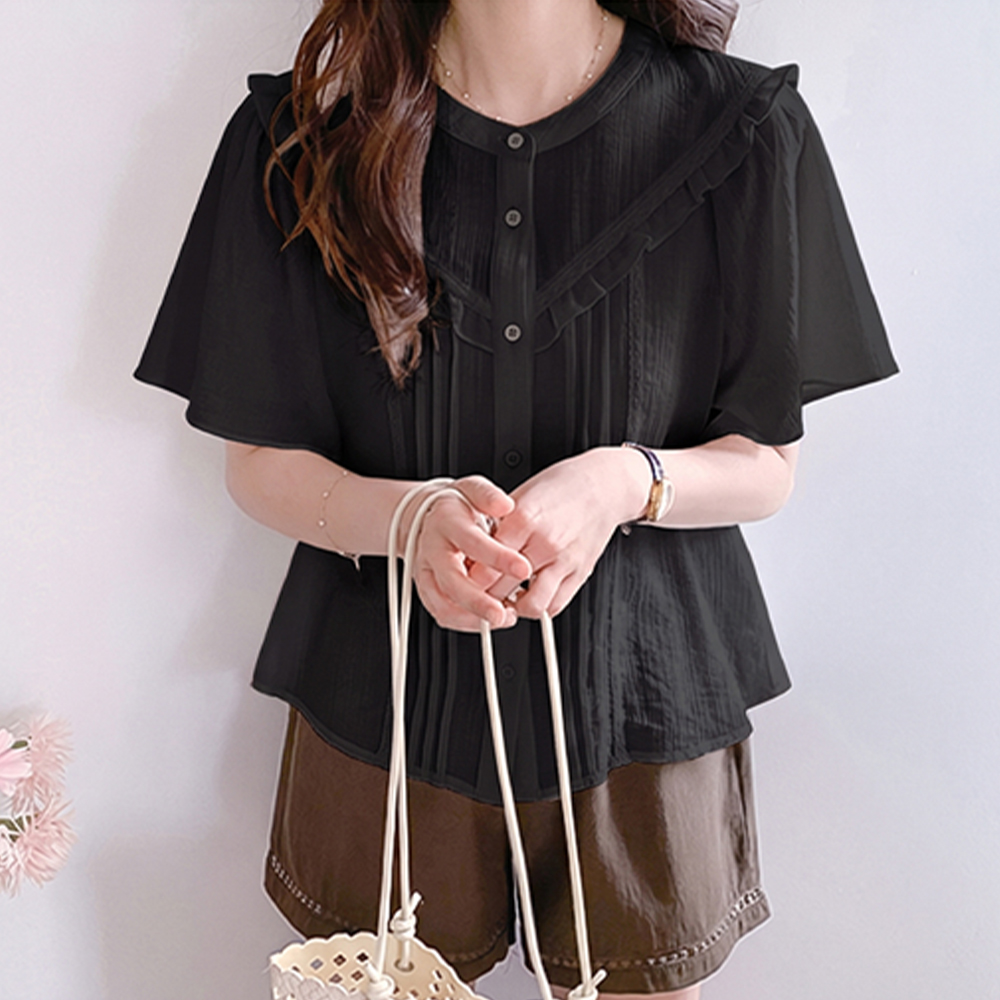 [Best Deal 6,000 KRW Discount] <FONT color=#5a3954>MADE LIN</font> [Black] Aleni Diagonal Shirring Pintuck Flutter Blouse [size: F (55~66)]