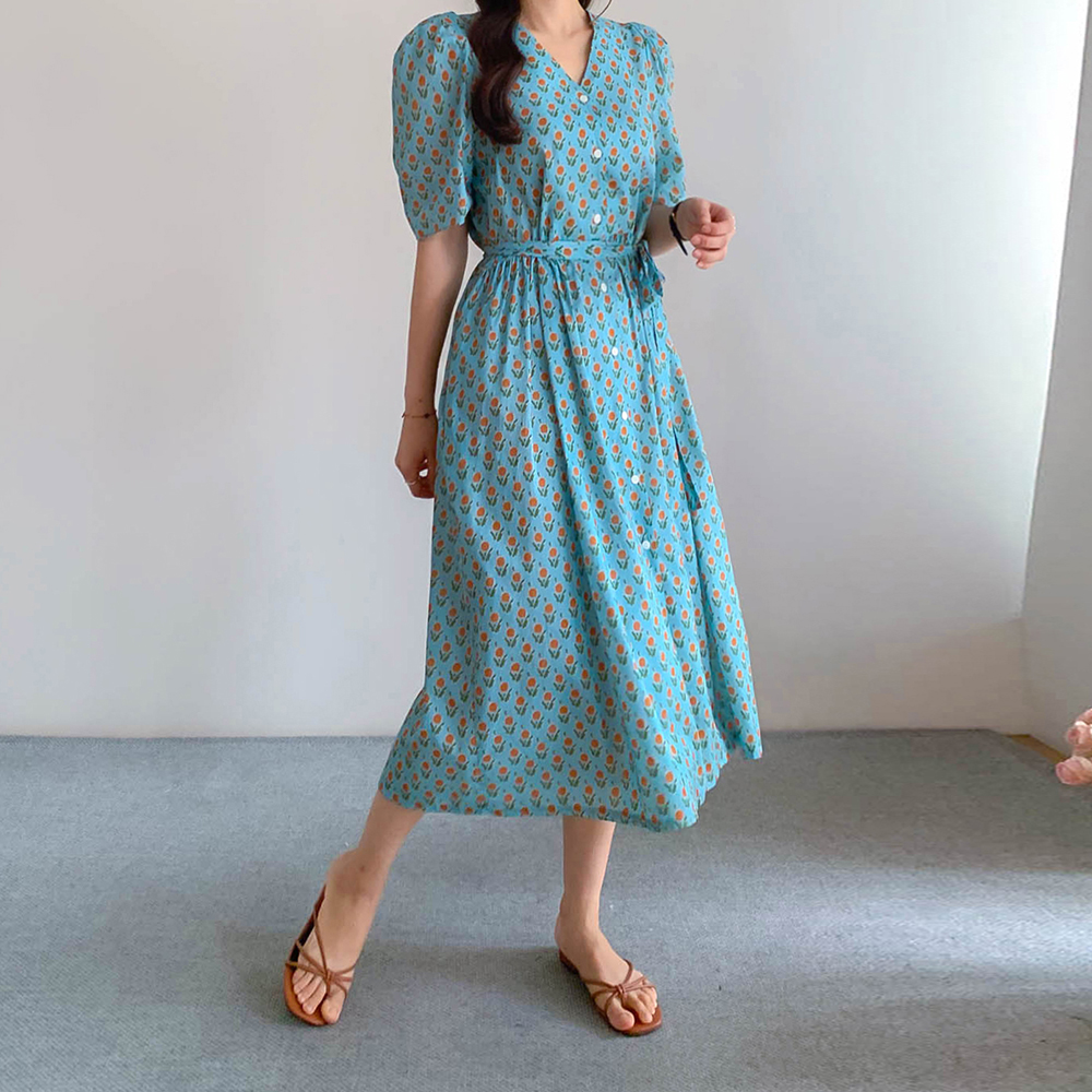Floral Wrap Strap V-neck Puff Long One Piece [size:F(55~66)]