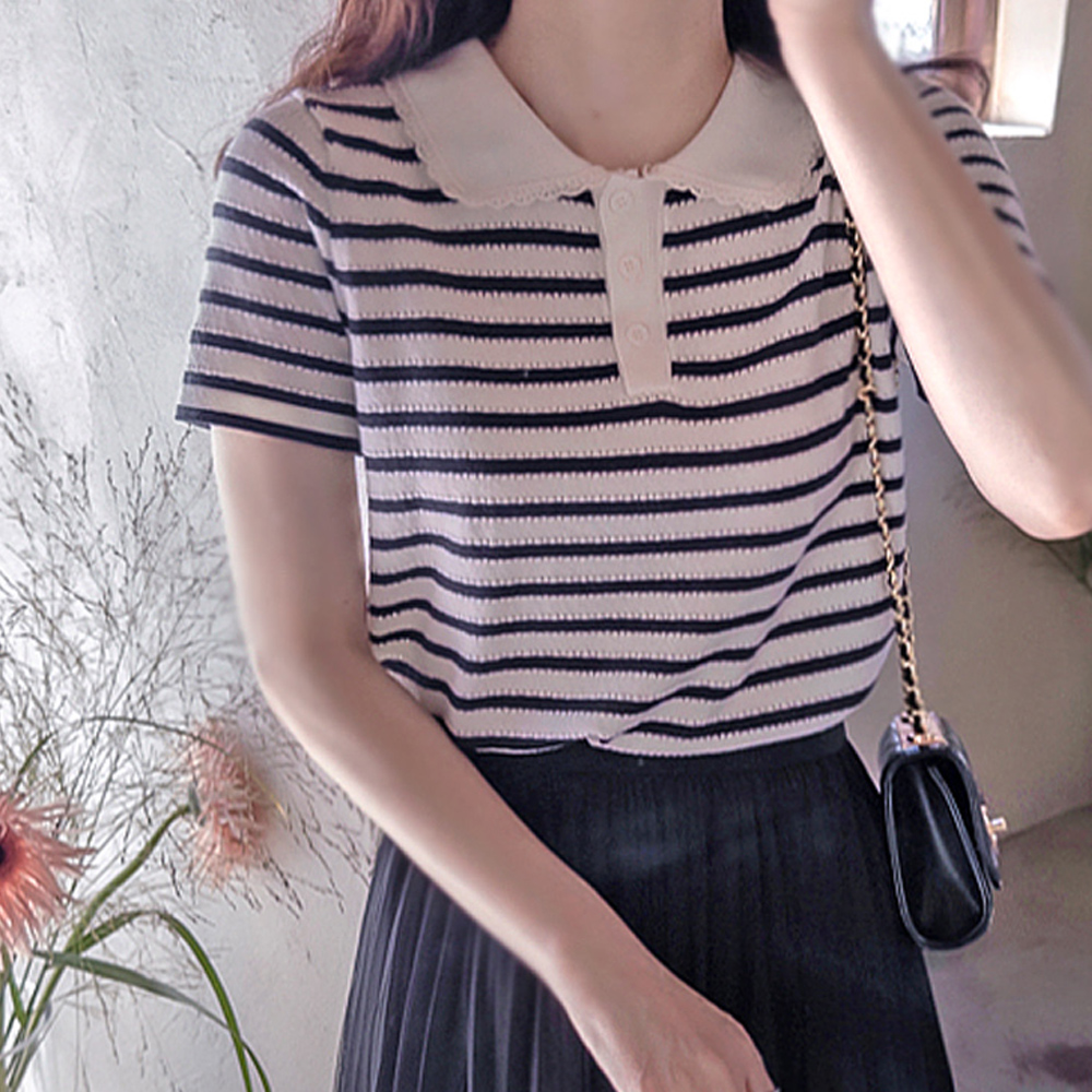 Joy Striped Cute Collar Soft Stretch Punching Knit [size:F(55~66)] 