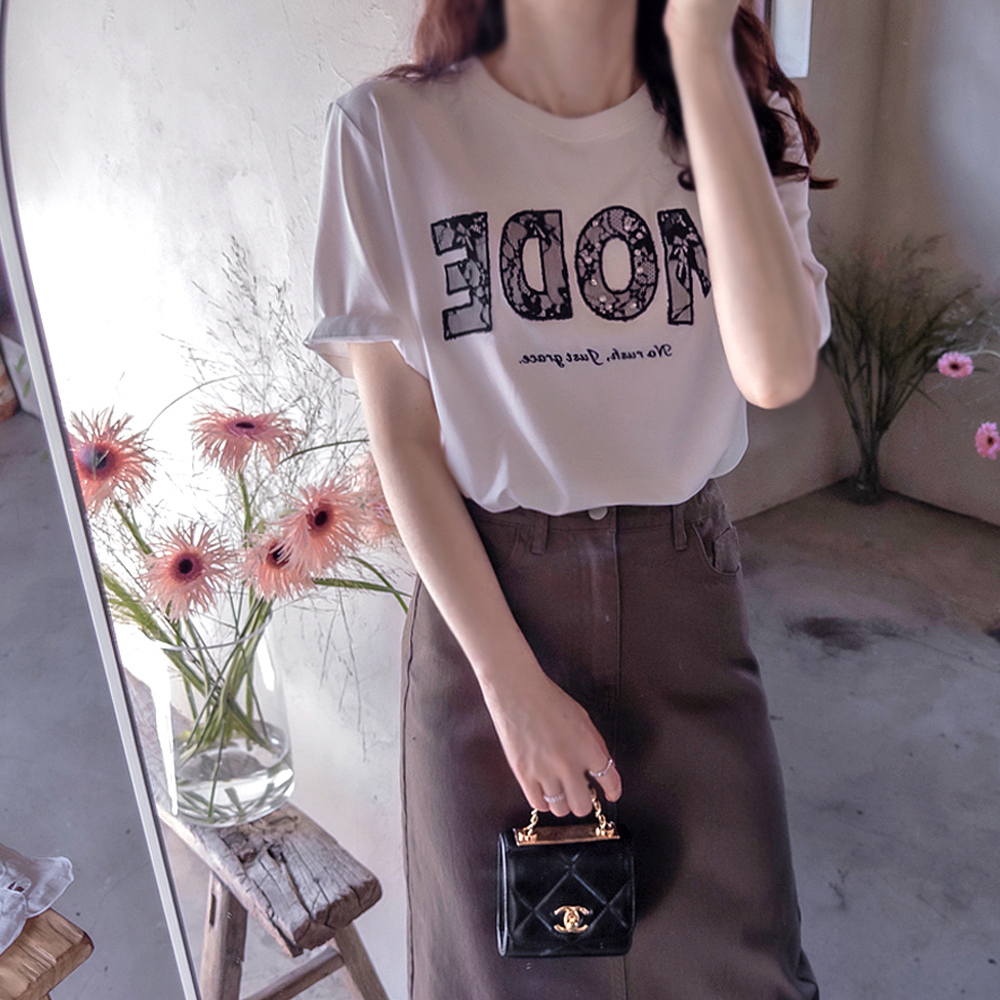 Mod Lace Embroidered Lettering High-Quality Tee Smooth Line Tee [size:F(55~66)]