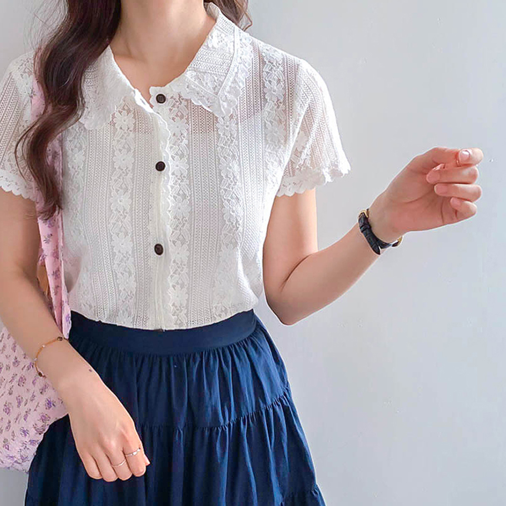 [Best Deal 6,000 KRW Discount] <FONT color=#5a3954>MADE LIN</font> Mylar Crochet Race Kara Short-sleeve Blouse [size:F(55~66)]