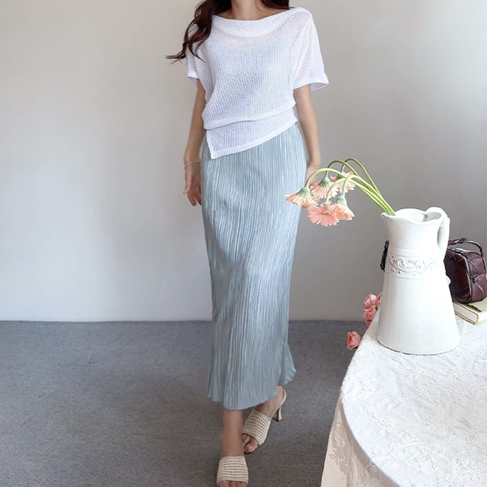 [Knit DressSET/Body Cover] Ruael See-through look Short-sleeve Knit Pleats Bustier One Piece SET [size:F(55~77)]