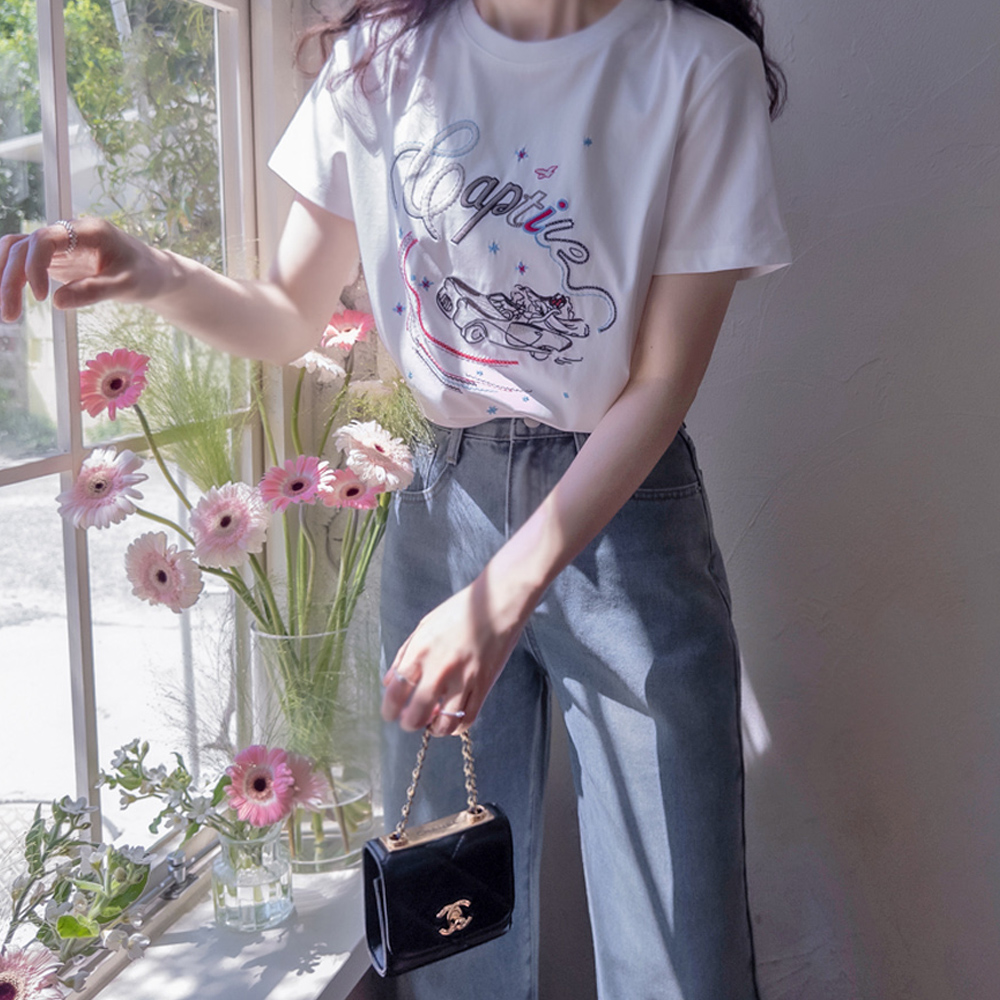 Car and Lettering Meticulous Embroidery High-Quality Tee Yarn Tee [size:F(55~66)]