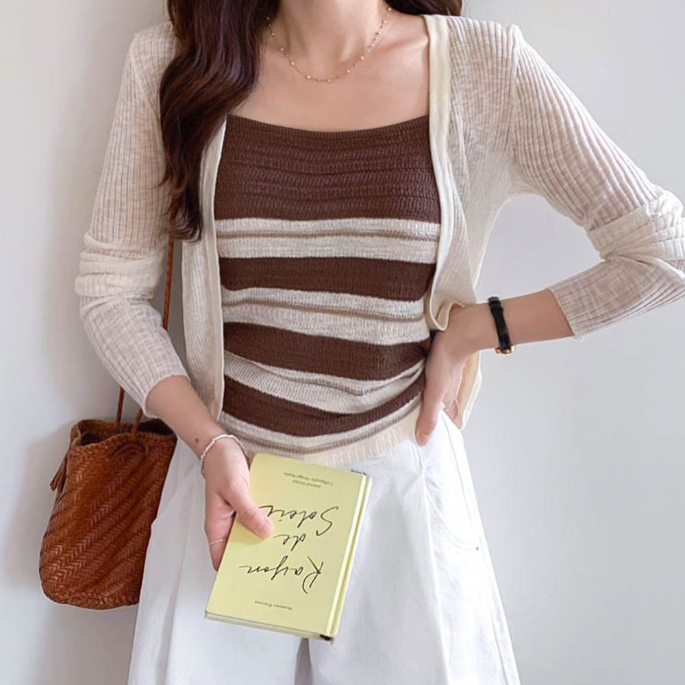 Hayden Sleeveless Stripe Corrugated Sleeveless shirts CardiganSET[size:F(55~66)]