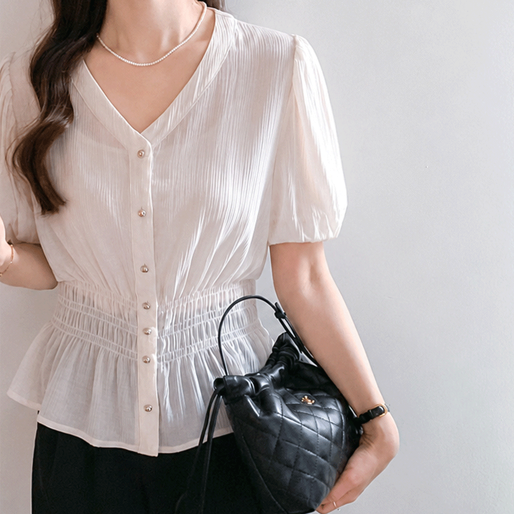 Marie Smoke Banding Shirring Peplum Cool Short-sleeve Blouse [size:F(55~66)]