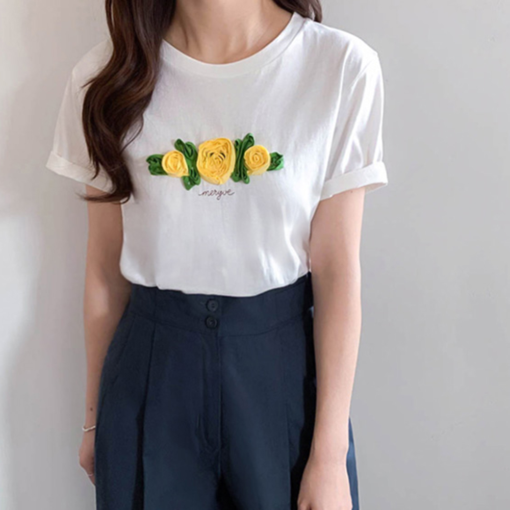 Floren 3D Flower Embroidery Short-sleeve T-shirt [size:F(55~66)]