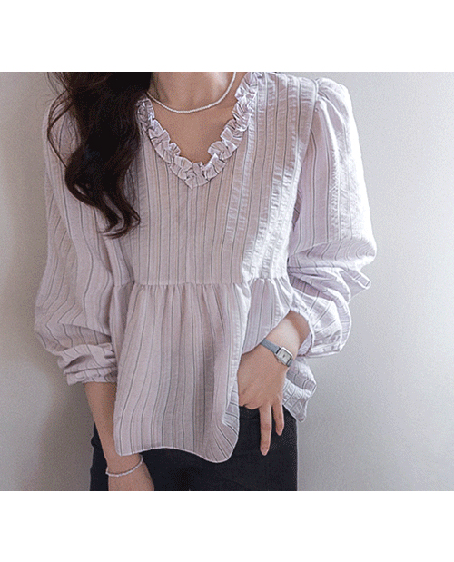 MADE LINSOPT Stripe Freel V-neck Blouse <FONT color=#d8a4a4>[Scratch Sale]</font>