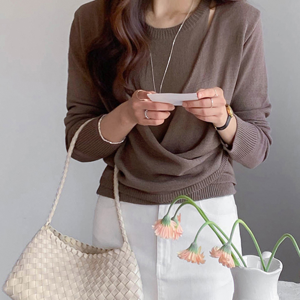 [Sleeveless Shirts + Cardigan Set] Bellua Wrap Mood Drape Halter Sleeveless Shirts Side Button Cardigan Set [size: F (55~66)]