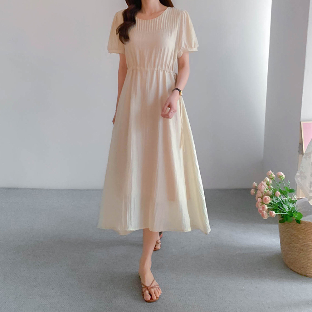 Romantic Pintuck Shirring Flowy Long One Piece [size:F(55~66)]