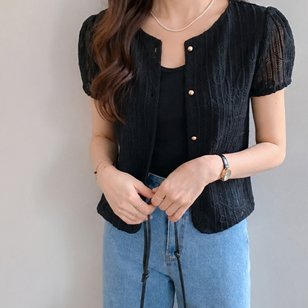 [New Arrival Special 10,000 KRW Discount] <FONT color=#5a3954>MADE LIN</font> Odiar Flower Crochet Shirring Cardigan Jacket [size:F(55~66)]