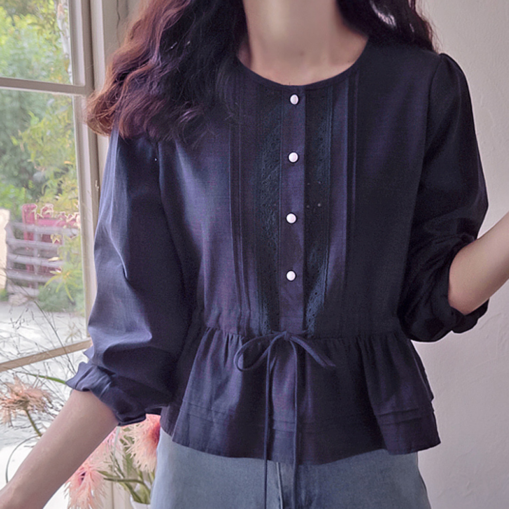 Shookbin Punched Flower Embroidery Adjustable Waistband Lovely Blouse [size:F(55~66)]
