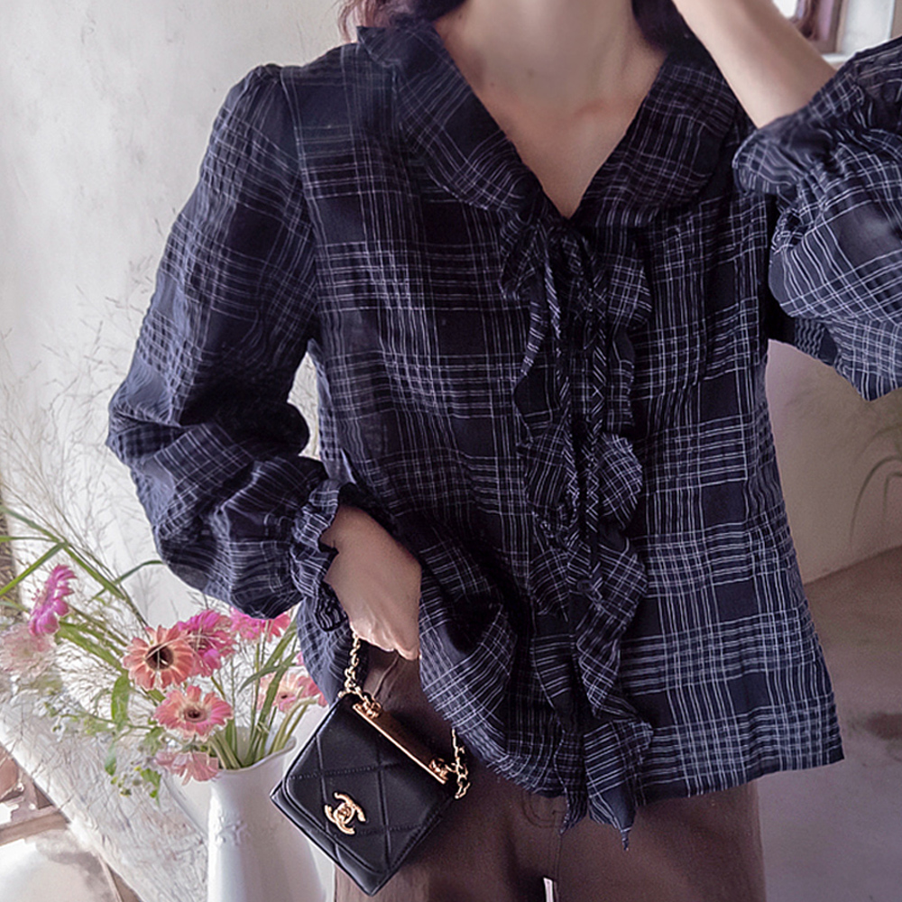 Denver Check lovely shirred seersucker Blouse[size:F(55~66)]