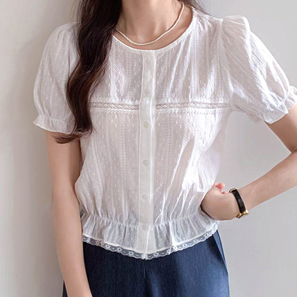 MADE LIN Freari Lovely Lace Embossed Shirring Blouse