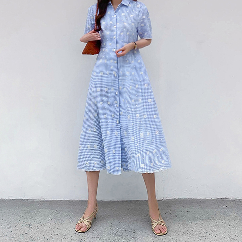 MADE LIN Meloni Scallop Check Open Collar One Piece [size:F(55~66)]