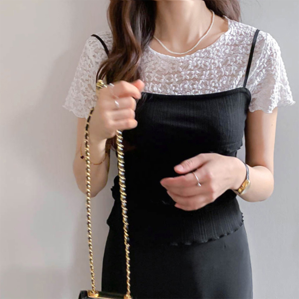 Rosé Ripple Flower See-through Look Short-sleeve Tee [size:F(55~66)]