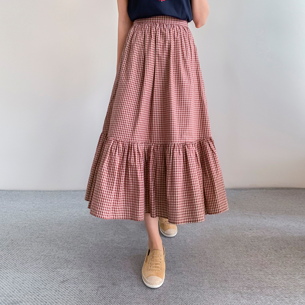 [New Arrival Special 15% Sale] MADE LIN Ropia Alps Check One-piece Shirred Banding Skirt [size: F (55~66)]