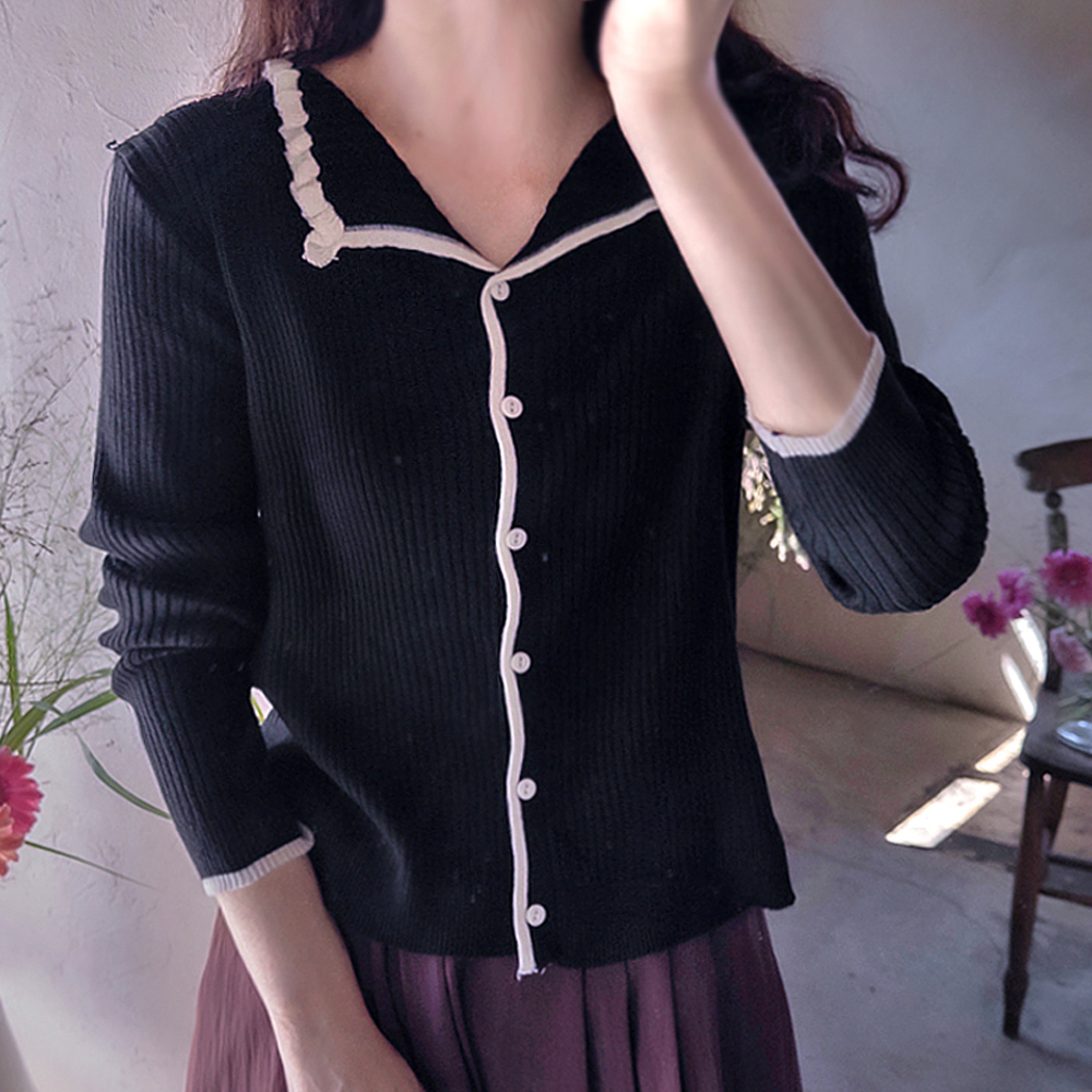 Perianne Shirred Contrast Neck Comfortable Stretch Slim Ribbed Cardigan [size:F(55~66)]