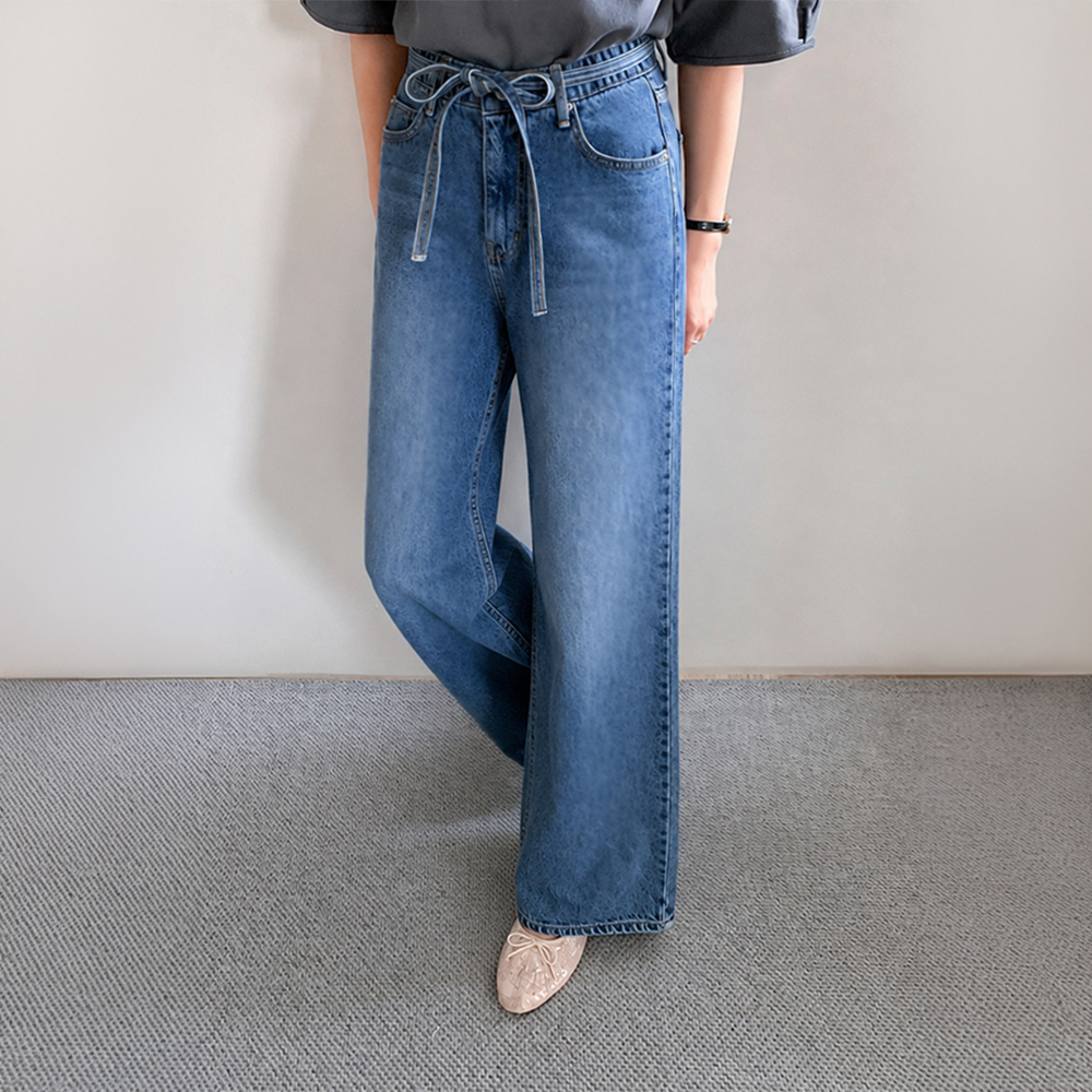 [Hidden Elastic Waist/Tie Set] Irene Flank Cover Wide Denim Pants [Size: S, M, L]