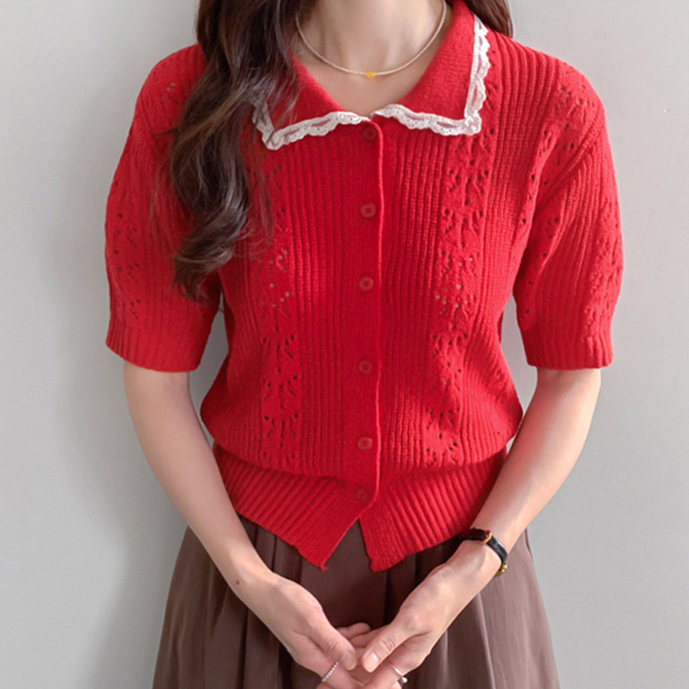 [New Arrival Special 13% Sale] MADE LIN Billove Collar Lace Punched Knit Short-sleeve Cardigan [size: F (55~66)]