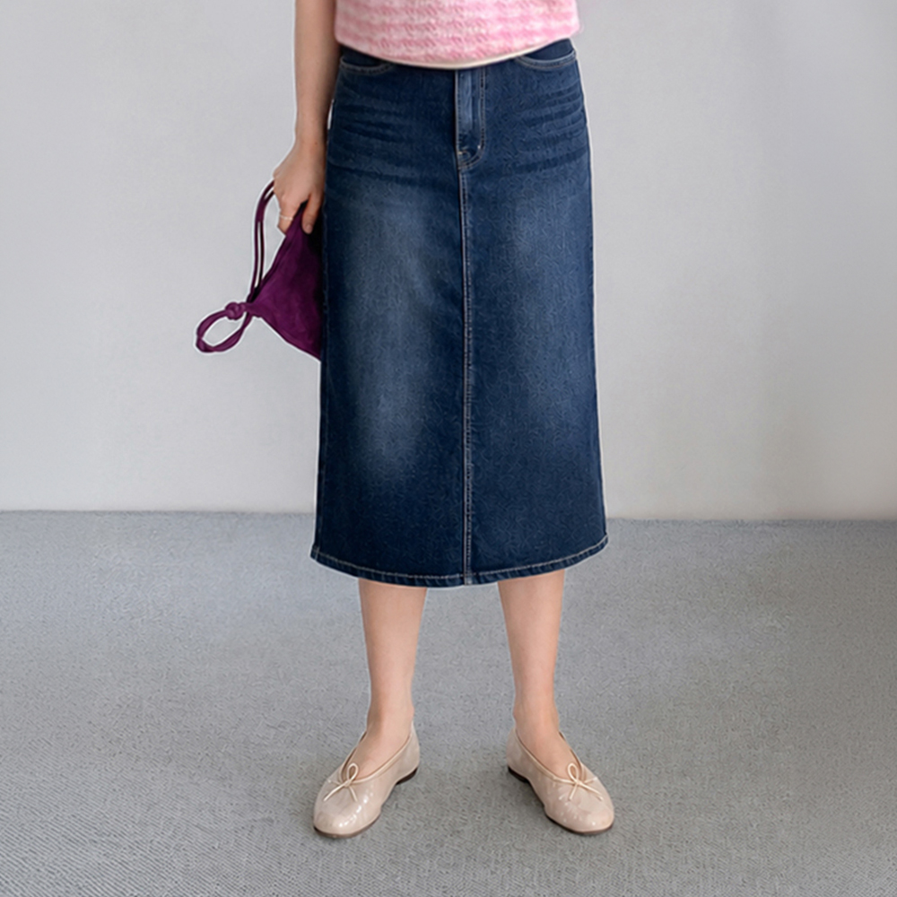 [Stretchy Spandex] Claire Washed Stretchy Denim H-line Skirt [size:S,M,L,XL]
