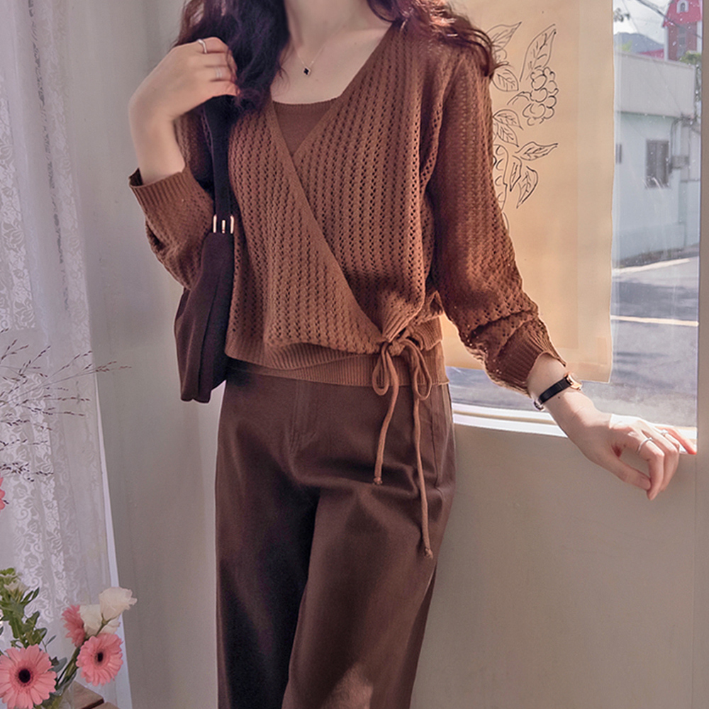 Scandi-Punched Sleeveless Shirts & Wrap Cardigan Autumnal Delicate Set [size:F(55~66)]