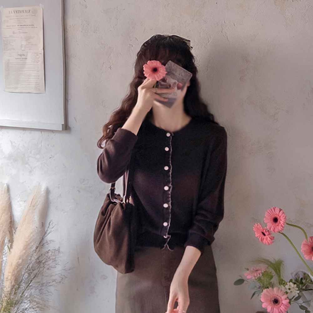 Zekbell Shirring Contrast Neck Sturdy & Flexible Lovely Cardigan [size:F(55~66)]