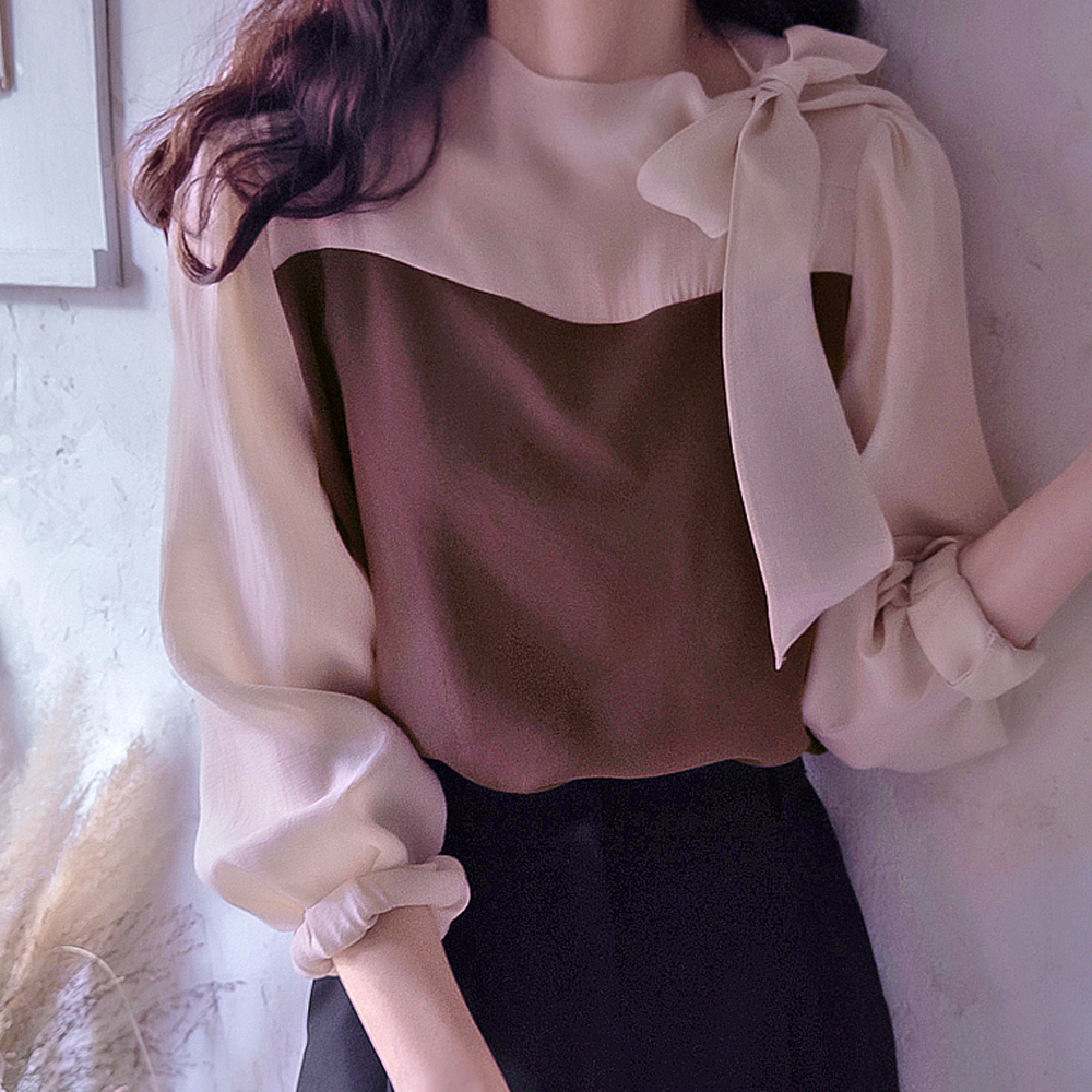 Fleece Tie Ribbon Autumn Color Block Lovely Blouse [size:F(55~66)]