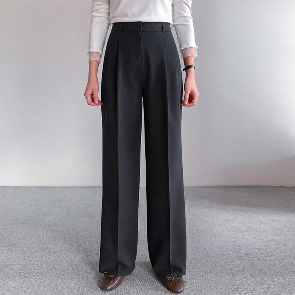 Body-shaping Two-Pintuck Wide Slacks (Short/Long) [size: M, L, XL]
