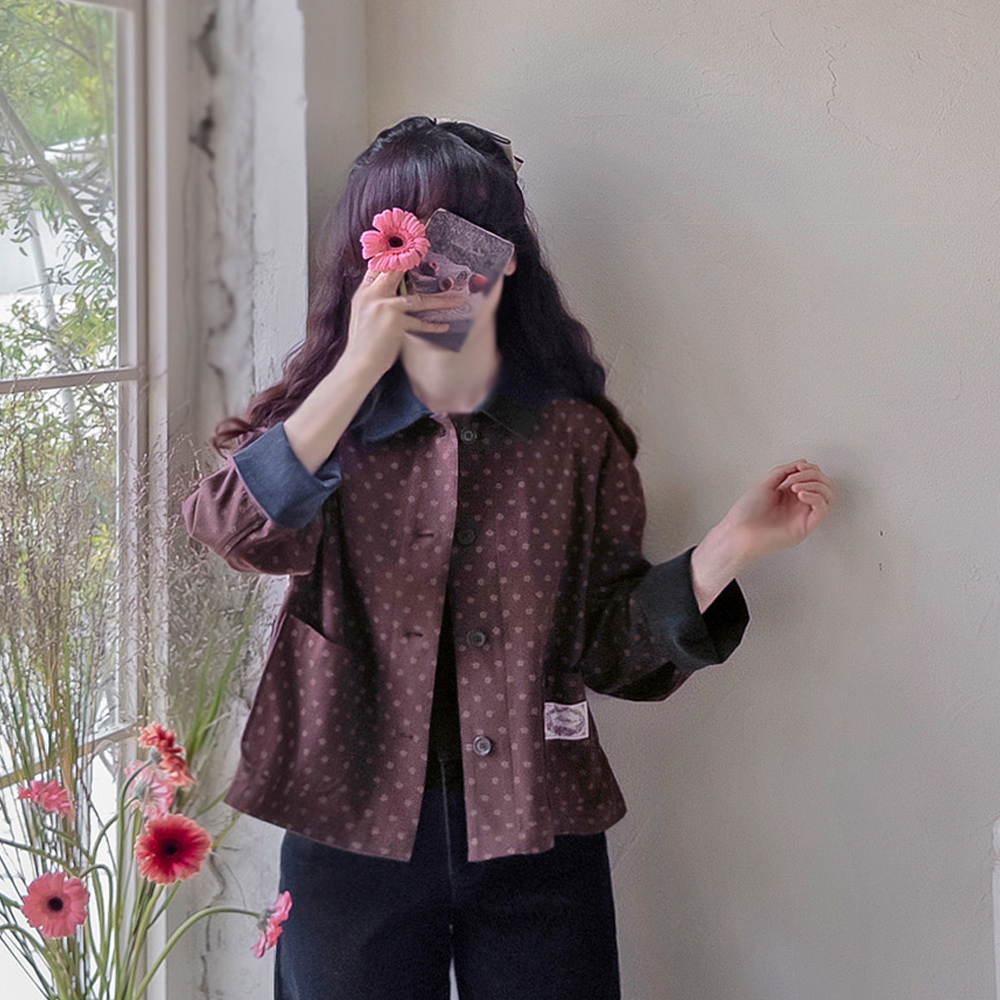 [New Arrival Special 7,000 KRW Discount] <FONT color=#5a3954>MADE LIN</font> Clajet Mini Floral Corduroy Collar Contrast Jacket [size:F(55~66)]