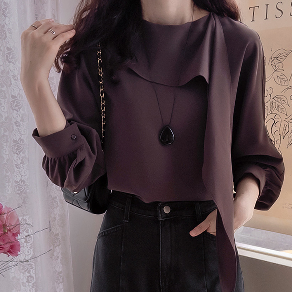 [LABEL] Elina Scarf Collar Luxury Sleeve Cut Blouse[size:F,1]