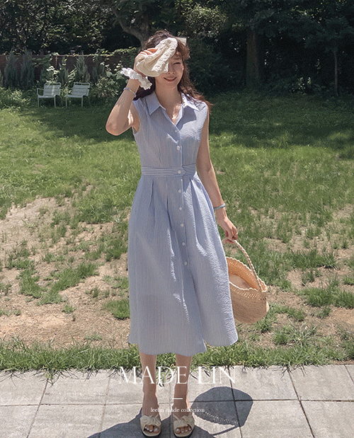 <FONT color=#5a3954>MADE LIN</font> Newnion Embossed Stripe Sleeveless Shirts One Piece <FONT color=#d8a4a4>[Scratch Sale]</font>