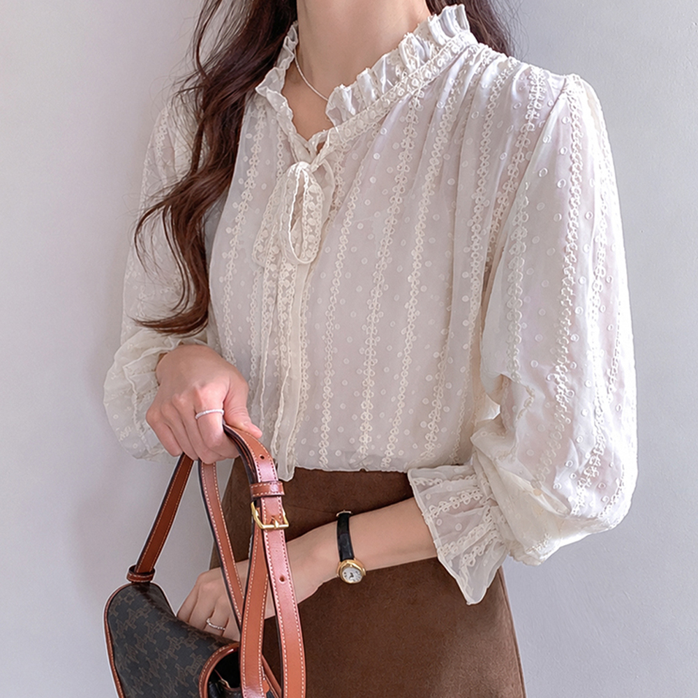 [Layered Item] Veil Frill Ribbon Race Embroidery Blouse [size:F(55~66)]