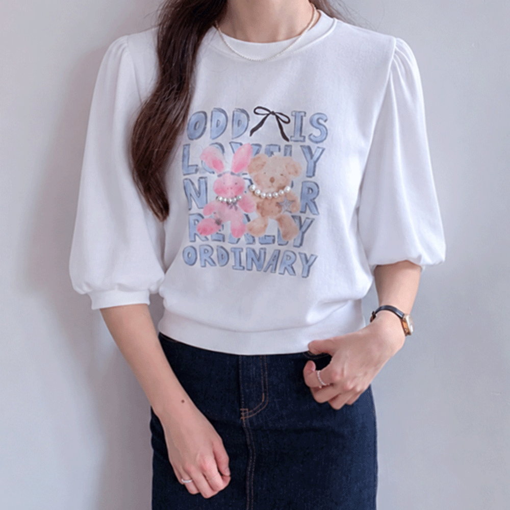 Lua pearl rabbit short sleeve Puff Man to man[size:F(55~66)]
