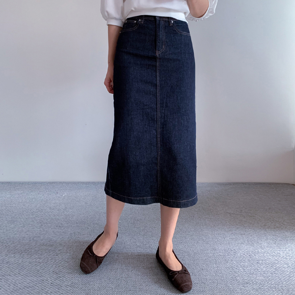 Daily Non-Fade Denim H-Line Long Skirt (Short/Long) [size: S, M, L, XL, 2XL]