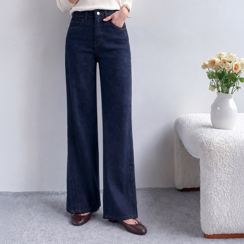 [Comfortable Hidden Waistband] Vivian Lower Body Fluff Cover Cut Stitch Wide Raw Denim [Size: S, M, L]
