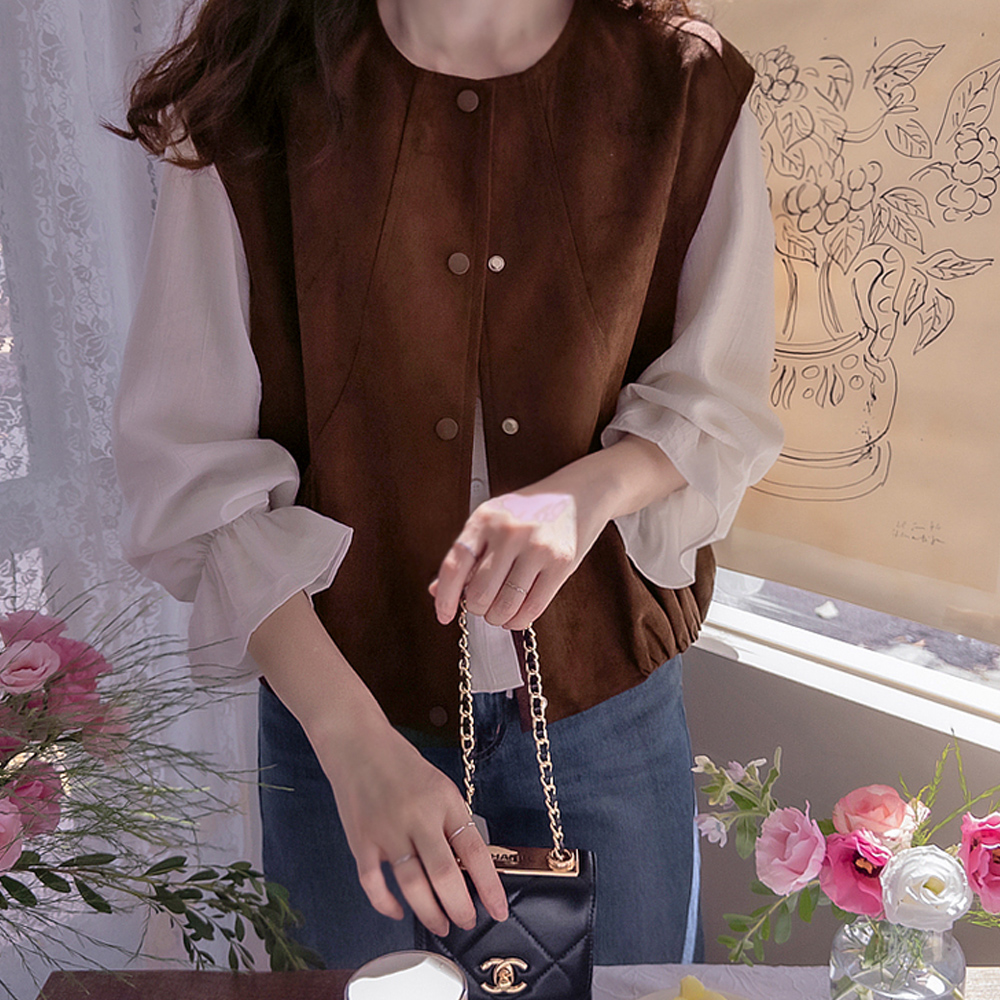 Shumonica Shirring Pocket Suede Vest Jacket [size:S(55~66),M(77~88)]