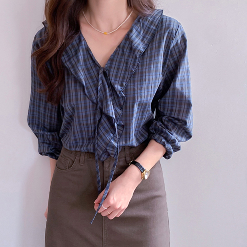 Isobel Ruffle Strap Check Blouse[size:F(55~66)]