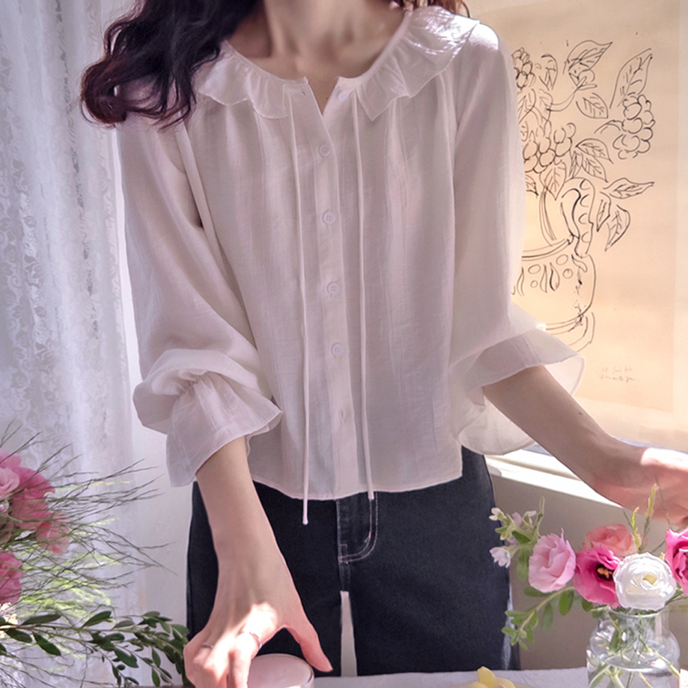 Shoebrink Shirring Collar Flowy Fit Soft Blouse [size:F(55~66)]