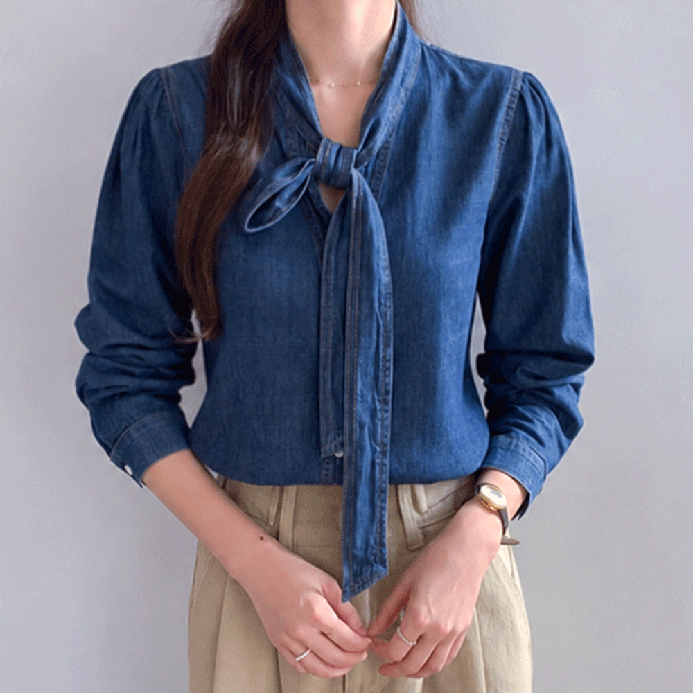 Berlin Denim Tie Puff Blouse [size:F(55~66)]