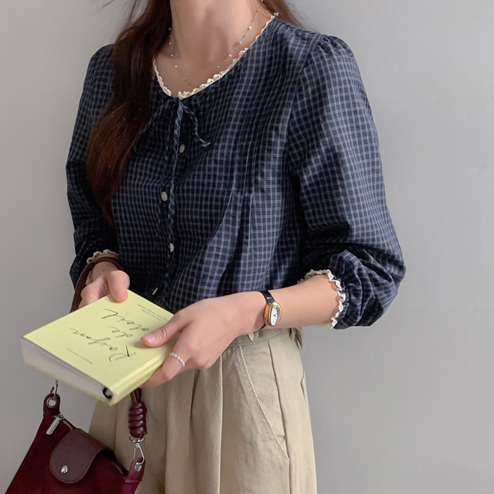 Siana Check Race bowknot Blouse [size:F(55~66)]
