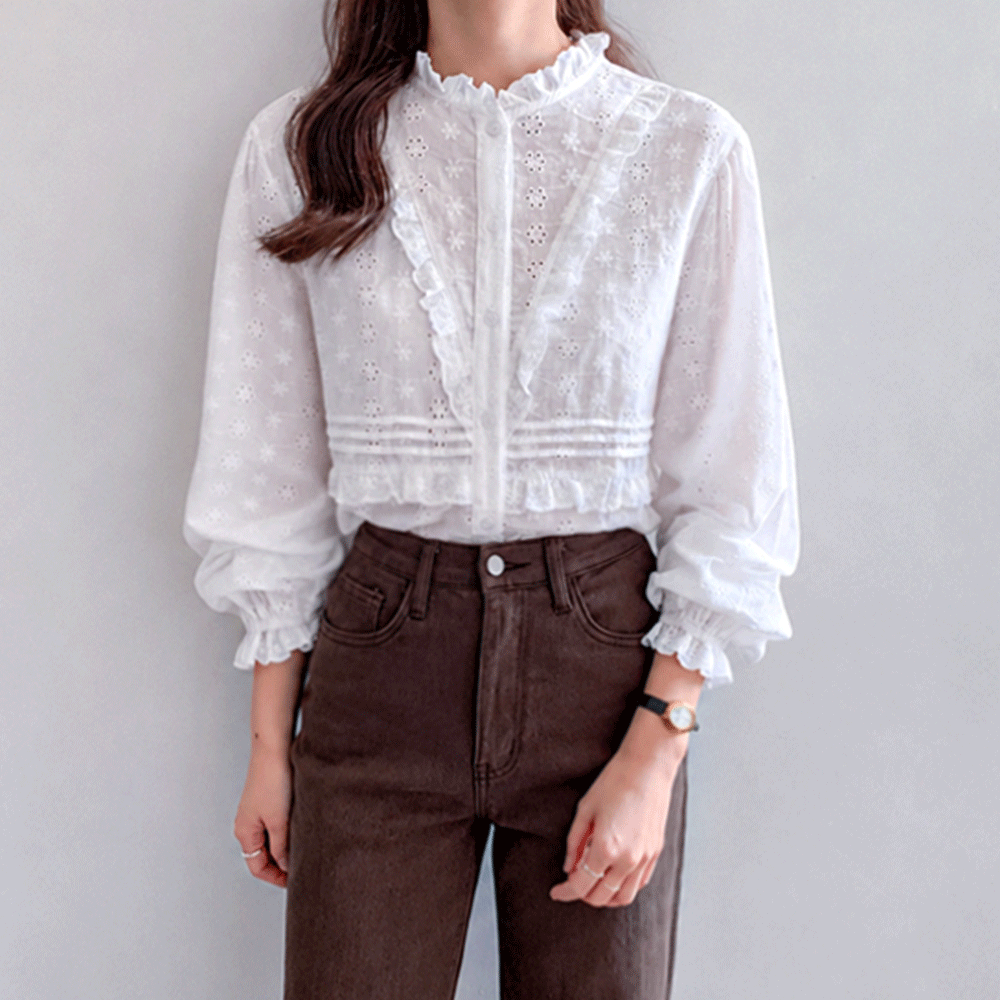Vivian Punching Embroidery Freel Blouse [size:F(55~66)]