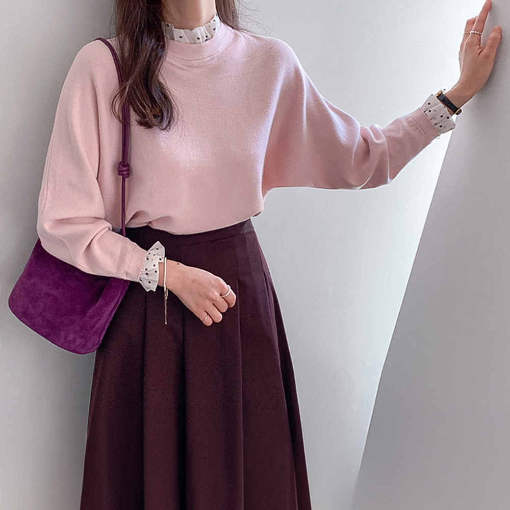 [Body Cover Item] Evelyn Batwing Fit Color Combination Dot Mock Neck Half-Neck Soft Knit [Size: F (55~66.5)]