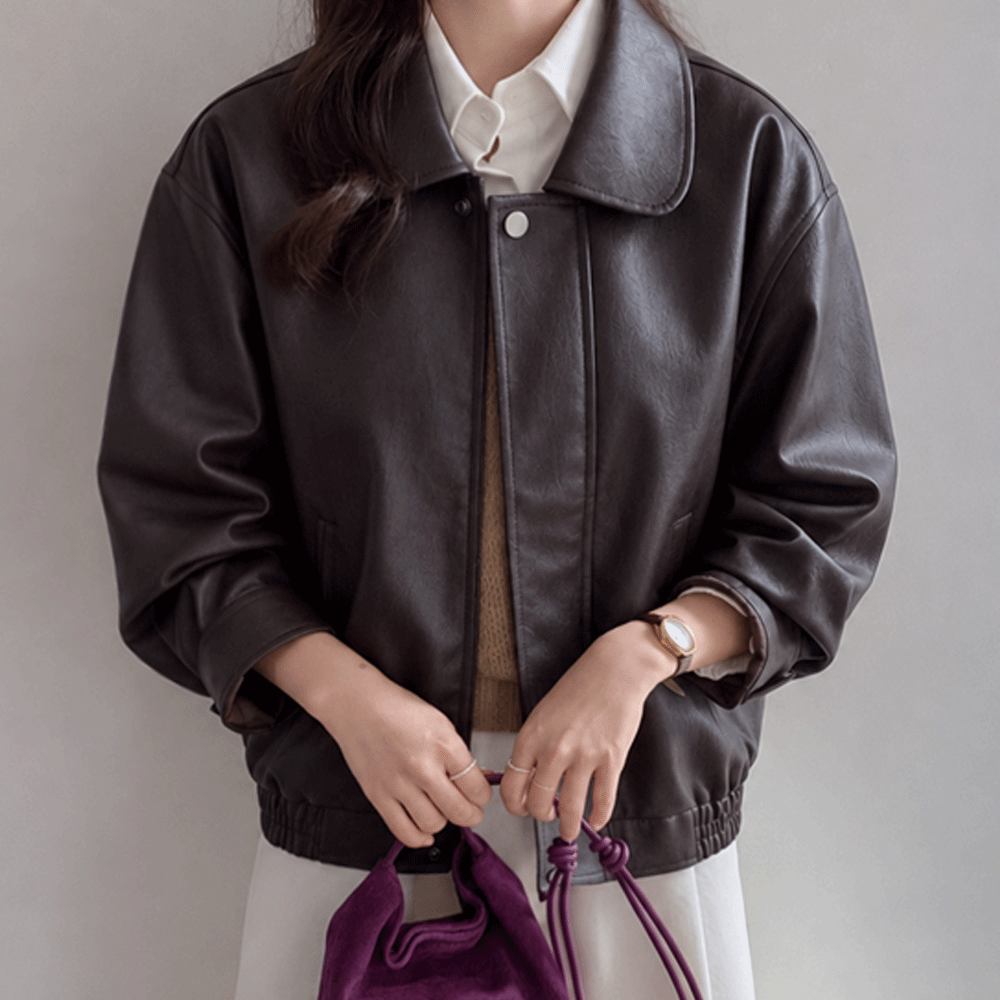 [New Arrival Special 18% Sale] <FONT color=#5a3954>MADE LIN</font> La Amme Round Collar Semi-Over Leather Jacket [size:F (55~66.5)]