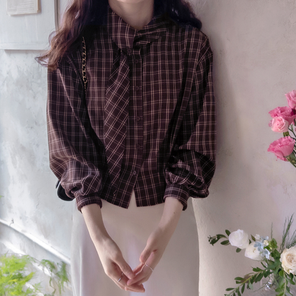 Falling Check Neck Scarf, Wrinkle-free, luxurious Blouse [size:F(55~66)]