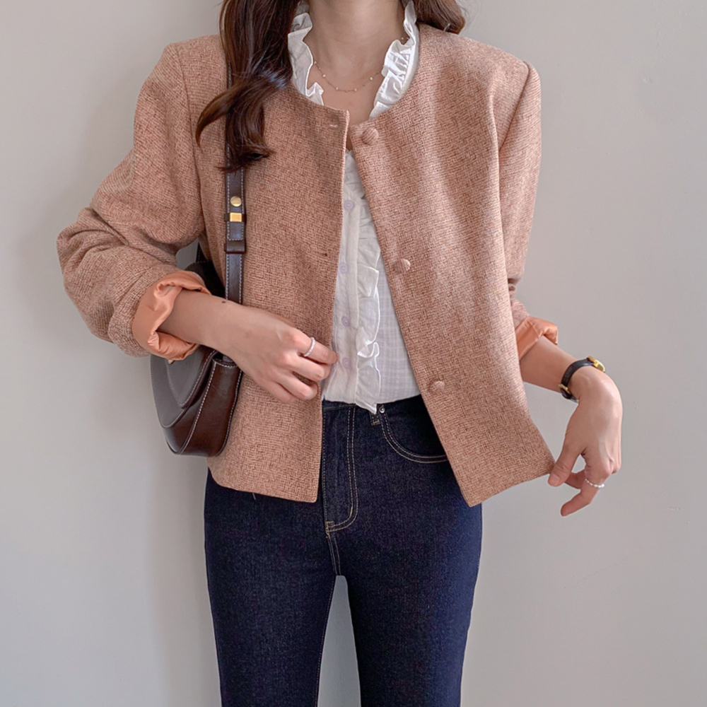 Audrey Pink Brown Classic No Collar Jacket[size:F(55~66)]