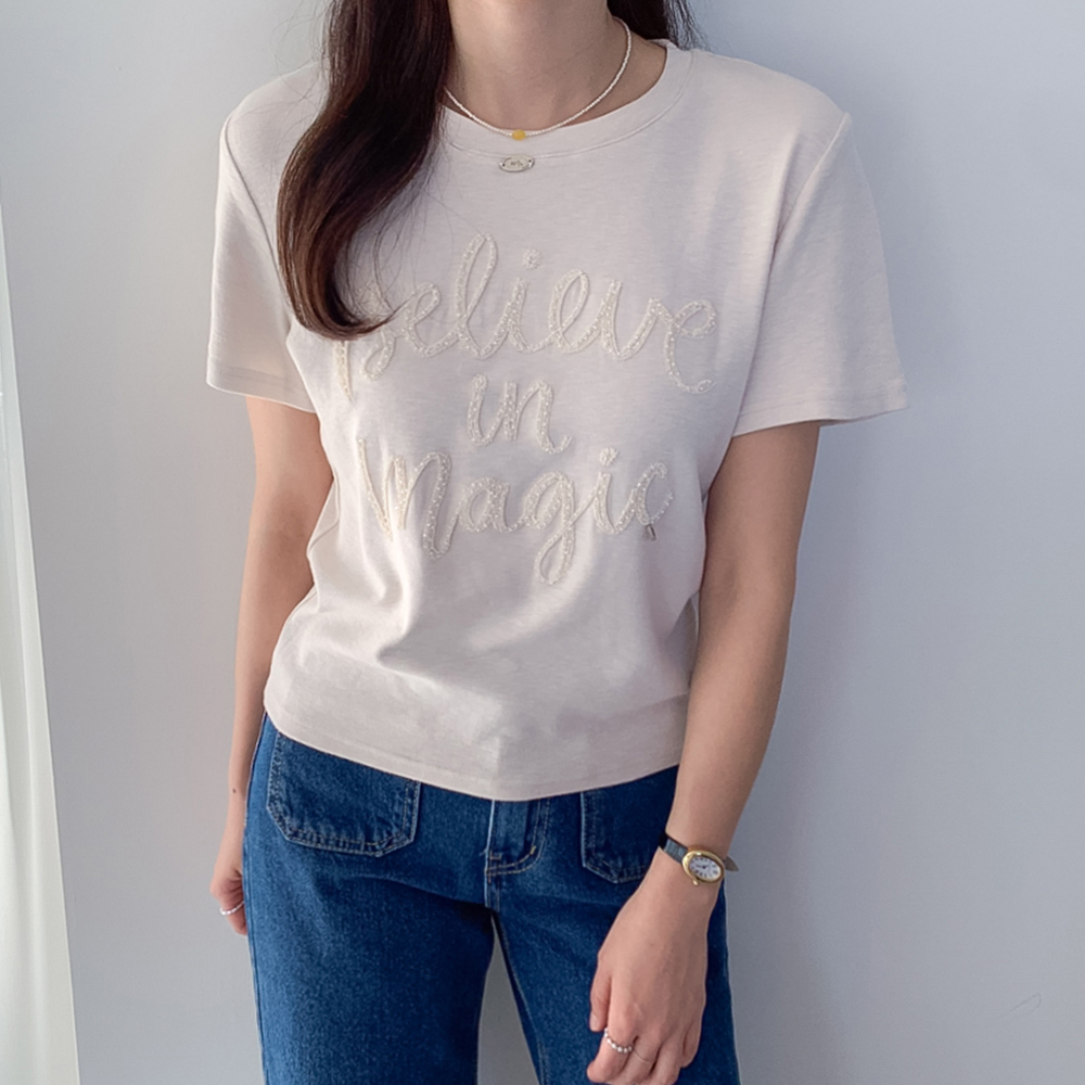 Lia Chewy Lettering Pendant Wool Short Sleeves T-shirt [size:F(55~66)]