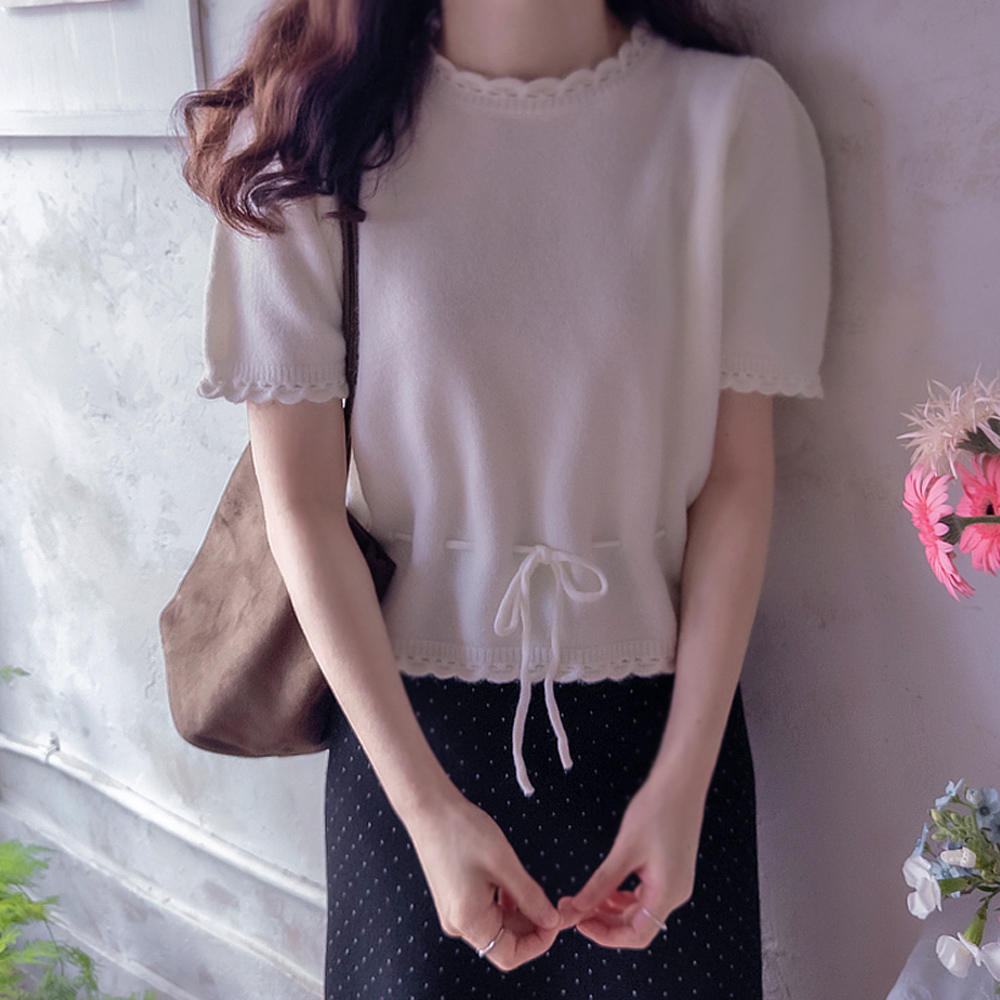 Shubi & Love Wave Neck Waist Tie Soft Stretch Knit [size:F(55~66)]